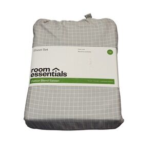 Room Essentials Full Sheet Set Gray White Windowpane Grid Cotton Blend Sateen